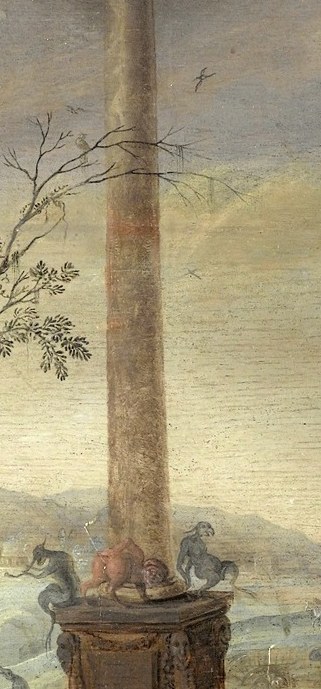 Below: a column topped with a human skull.