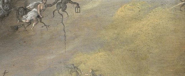 Witches ride broomsticks through a stormy sky.