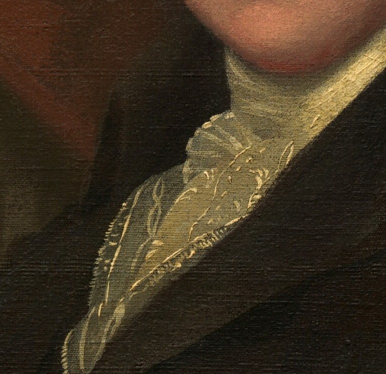 His fine cravat shows the height of fashion at the turn of the century.