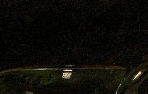 Single concentrated light source made legible; the isolated blob of white paint implies a whole studio lighting setup through one touch.
