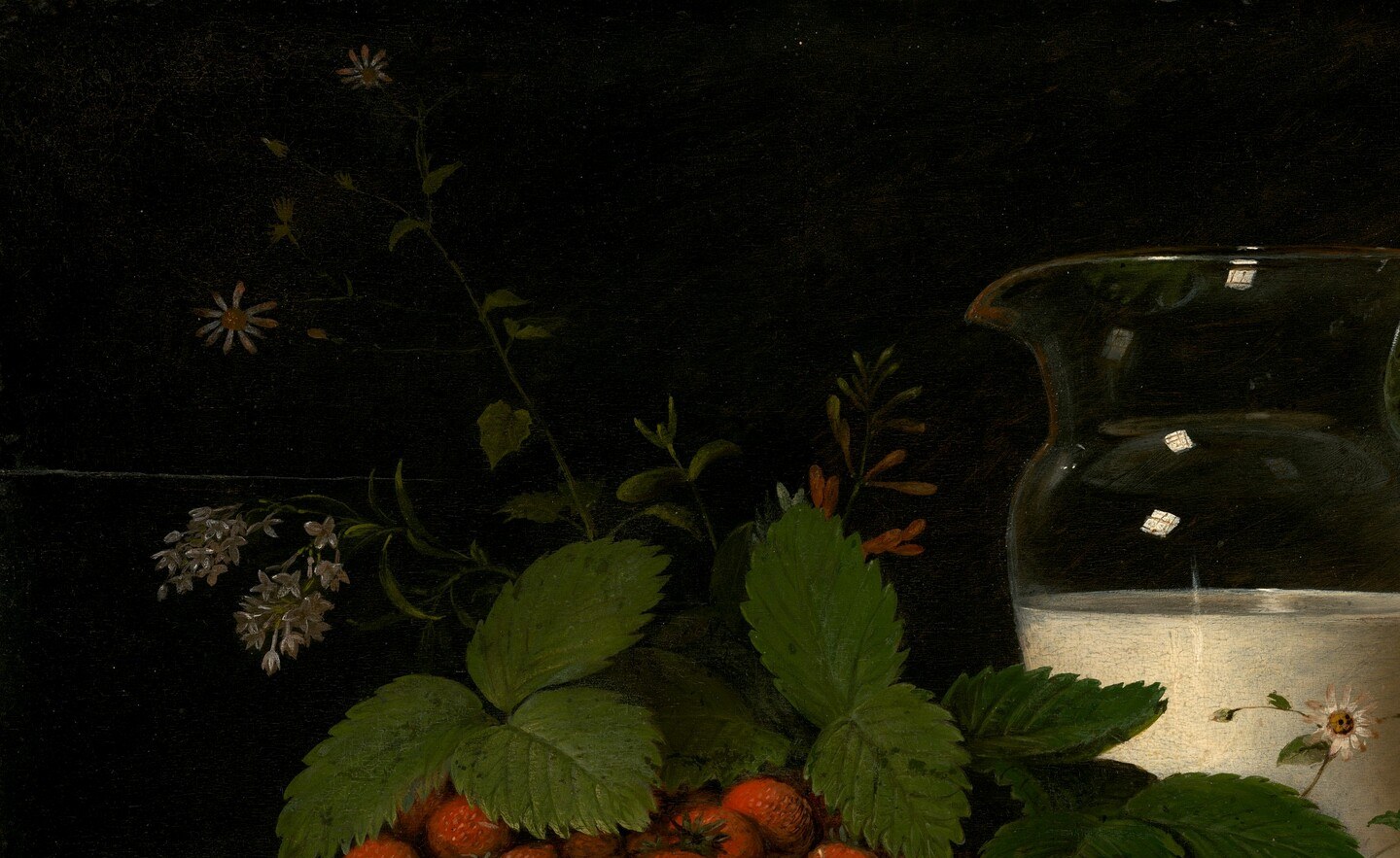 Leaves connect harvested fruit to its living source, collapsing garden and table into one moment; their darkness frames and pushes forward the warmer subjects.