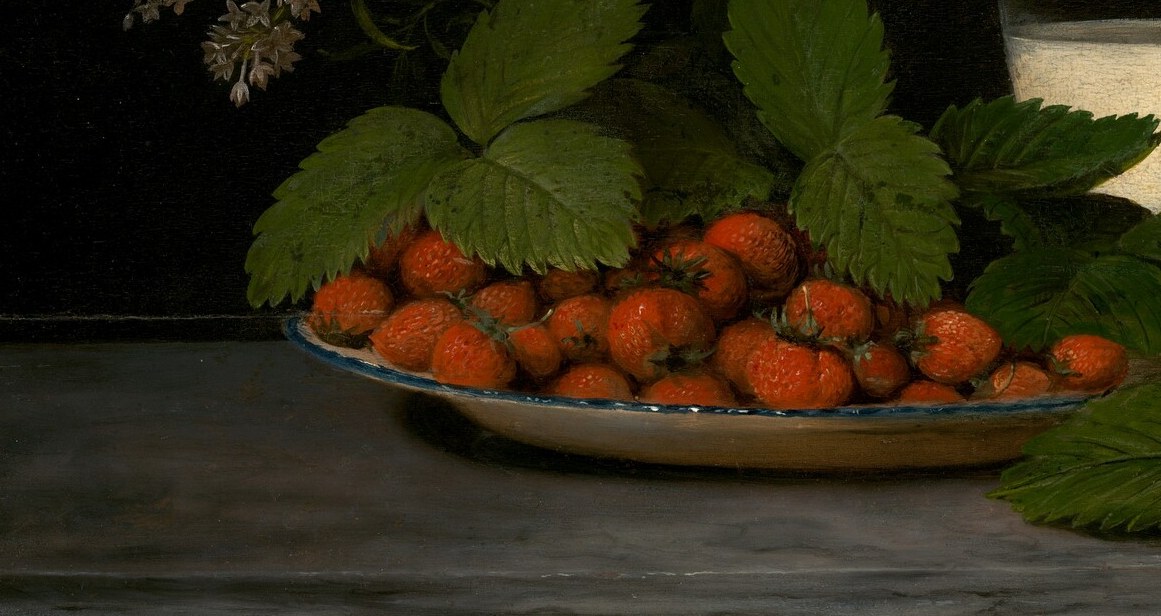The warm, irregular mass of berries is the chromatic center of the painting , their imperfect shapes signal freshness over idealization.