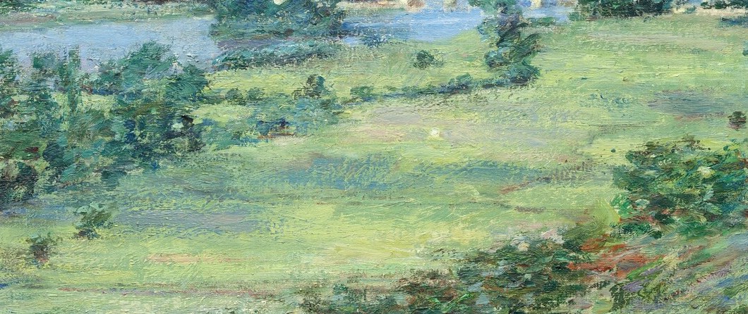 The river's lazy curve is the compositional backbone, drawing the eye deep into the valley and anchoring the sense of pastoral calm Robinson sought at Giverny.