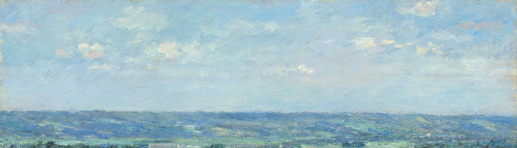 The luminous, blended sky occupies nearly a third of the canvas and establishes the hazy midday atmosphere , Robinson's Impressionist debt to Monet is most legible here.