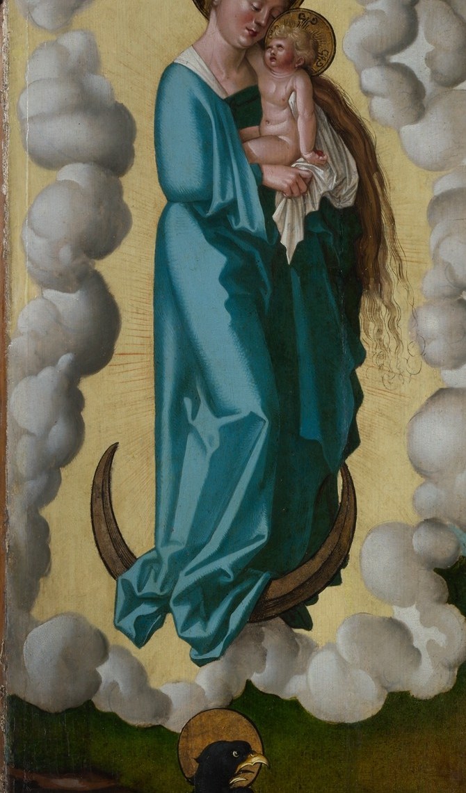 Intense ultramarine blue , expensive pigment , signals divine status; the deep folds show Baldung's Dürer-school command of fabric volume.