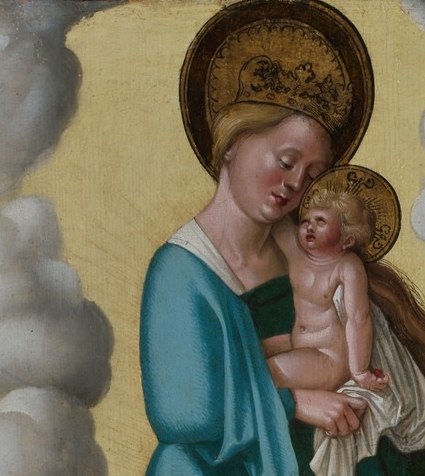 Serene, downward-gazing expression of the Woman of the Apocalypse (Revelation 12); her calm contrasts with the cosmic drama she embodies.