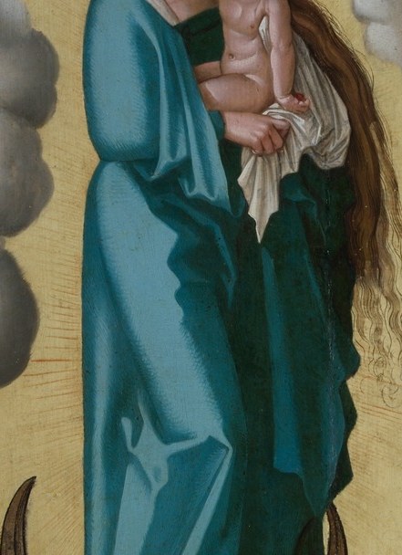 The child's body is rendered with soft modeling; the dyad of mother-and-child within a prophetic vision collapses Nativity and Apocalypse into one image.