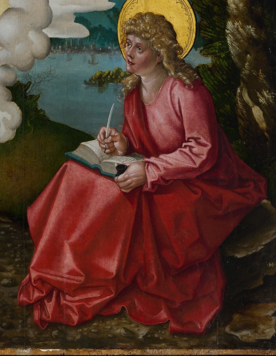 The warm red occupies nearly a third of the canvas; its sculptural folds demonstrate Baldung's Northern Renaissance training and create visual weight anchoring the earthly realm.