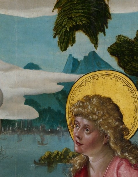 His gaze is directed toward the apparition , not the page , capturing the suspended moment between vision and transcription, contemplation made visible.