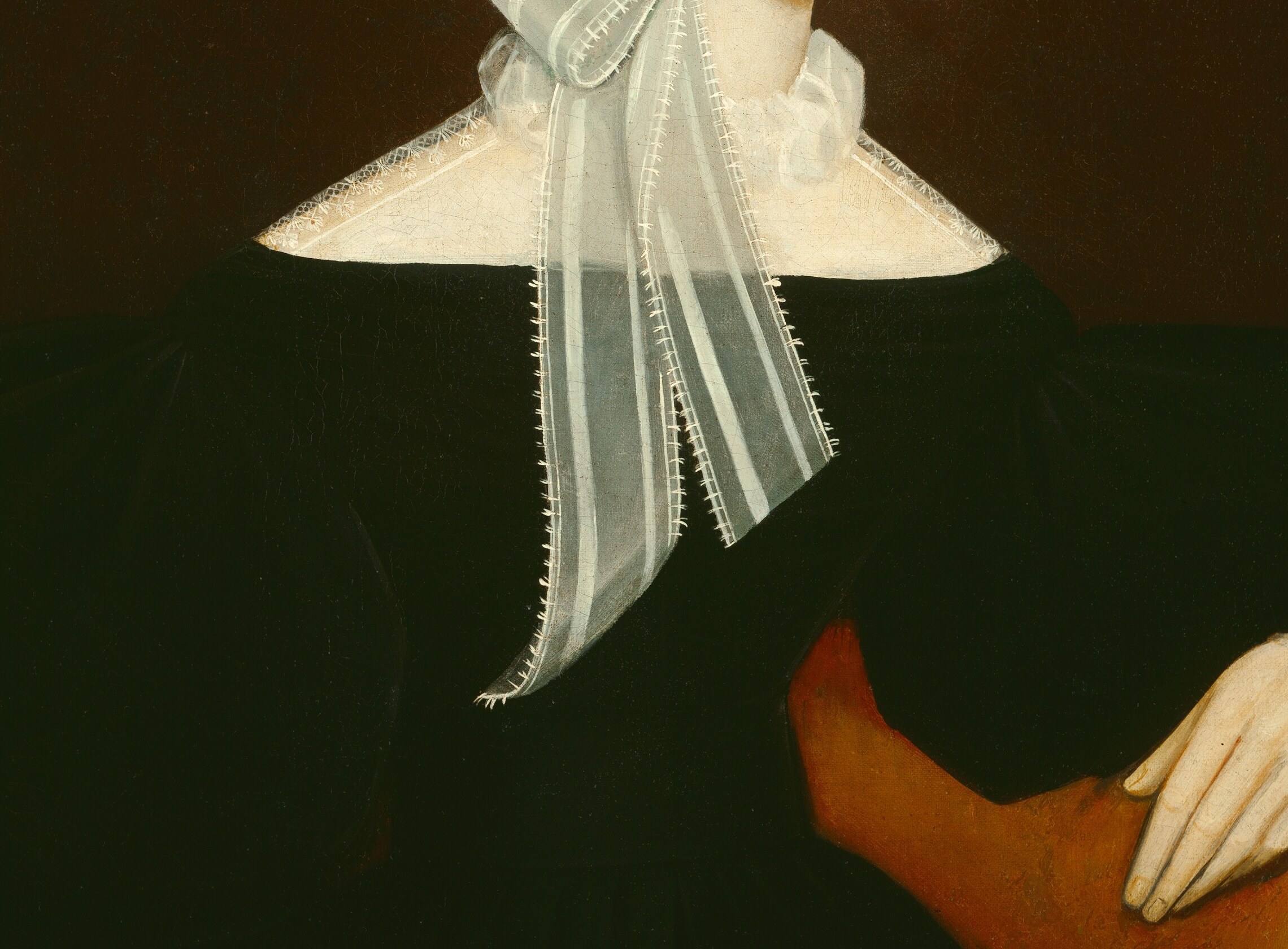The solid black bodice, typical of modest 1830s American mourning or everyday dress, creates a stark silhouette that focuses attention on the face and hands.