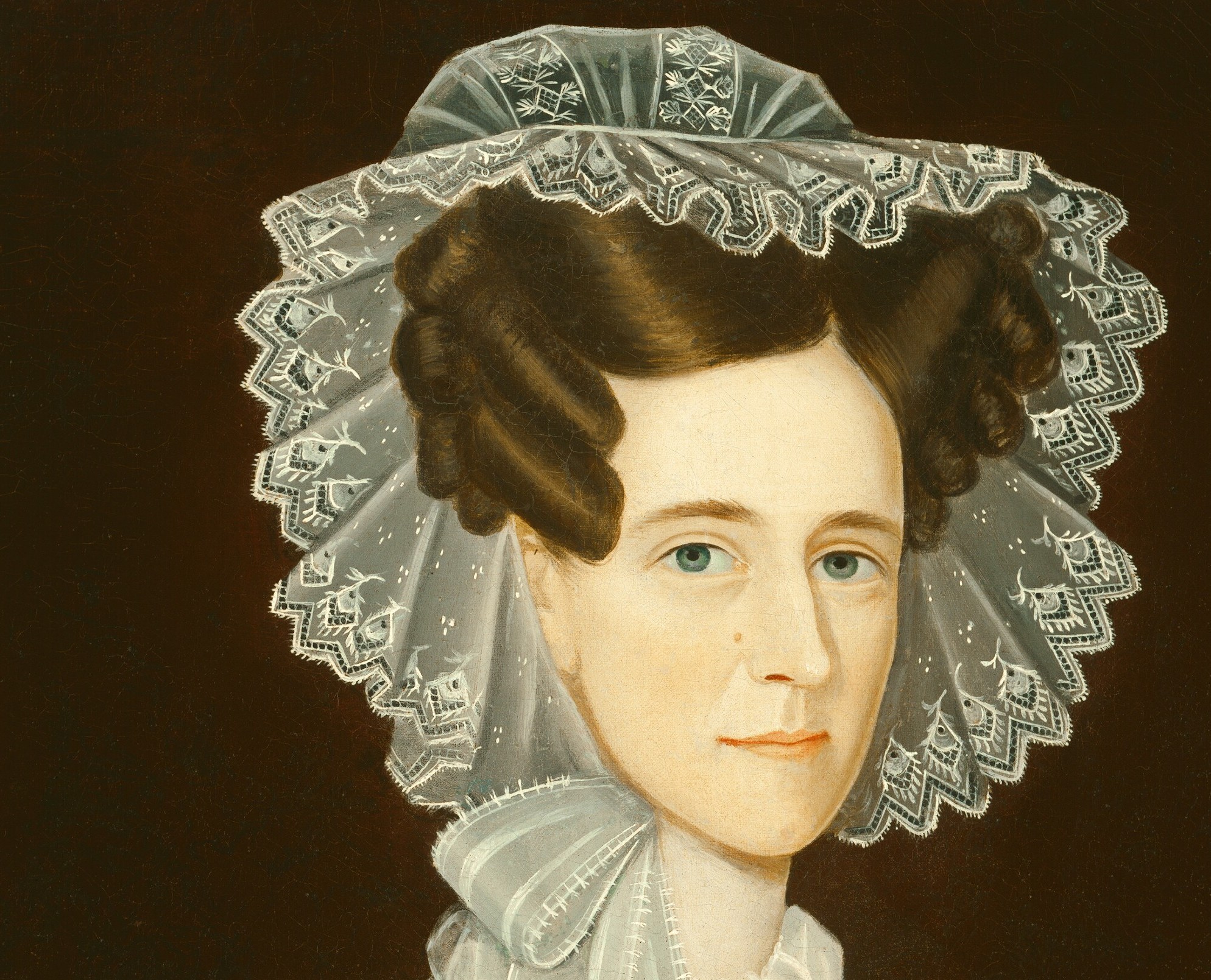 The elaborately ruffled lace bonnet signals middle-class respectability; its crisp white against the dark background is the painting's most technically ambitious passage.