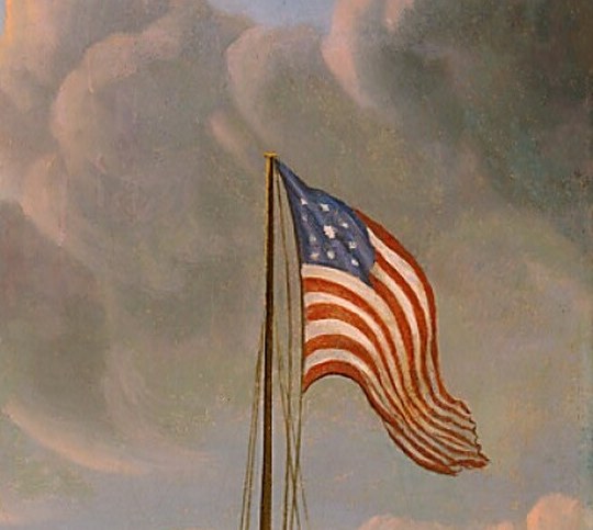 Stars-and-stripes flag anchors the national context and dates the scene , the mid-19th century flag's star count could allow historians to narrow the decade of composition