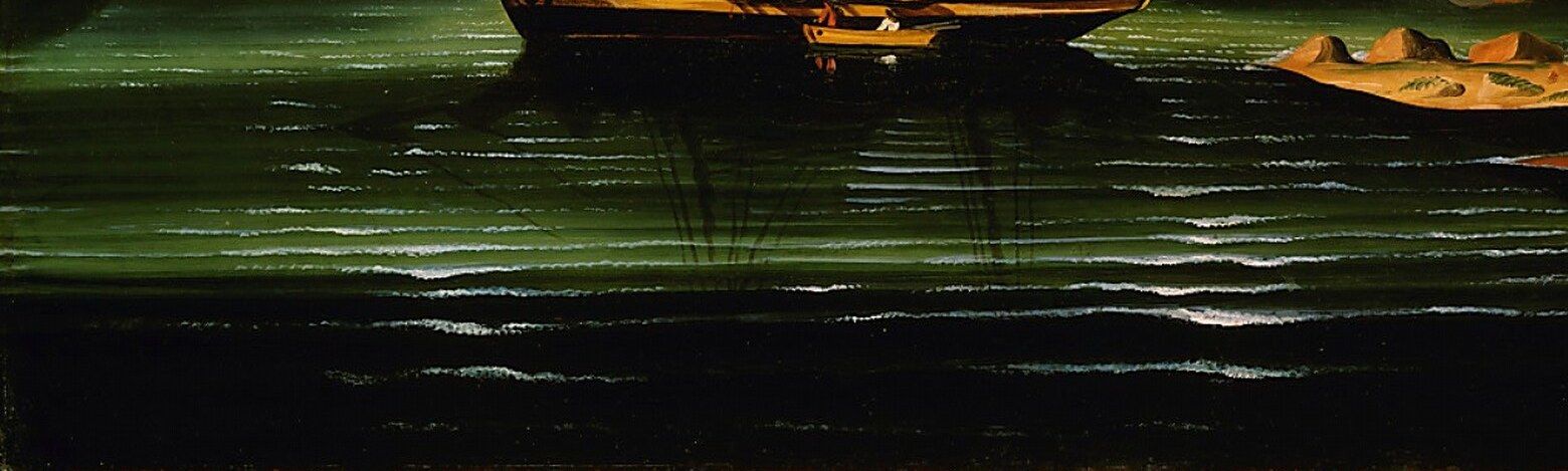 The stylized waves , repeated S-curves in Chambers' signature manner , are the strongest 'trick' passage; they look nothing like academic marine painting and everything like American folk art