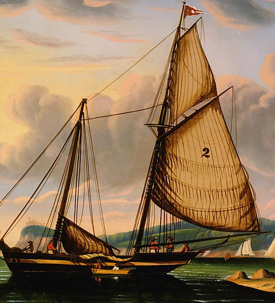Chambers' boldest flat-color passage; the near-geometric sail fills over a quarter of the canvas and embodies his decorative, anti-academic approach to marine painting