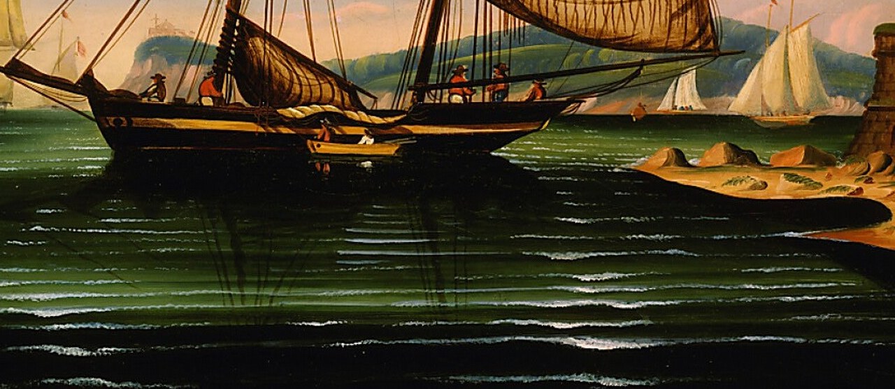 The named vessel , dark green-black hull rides low in the water, giving the painting its entire purpose; the numeral '2' on the sail identifies it as a specific licensed harbor pilot boat