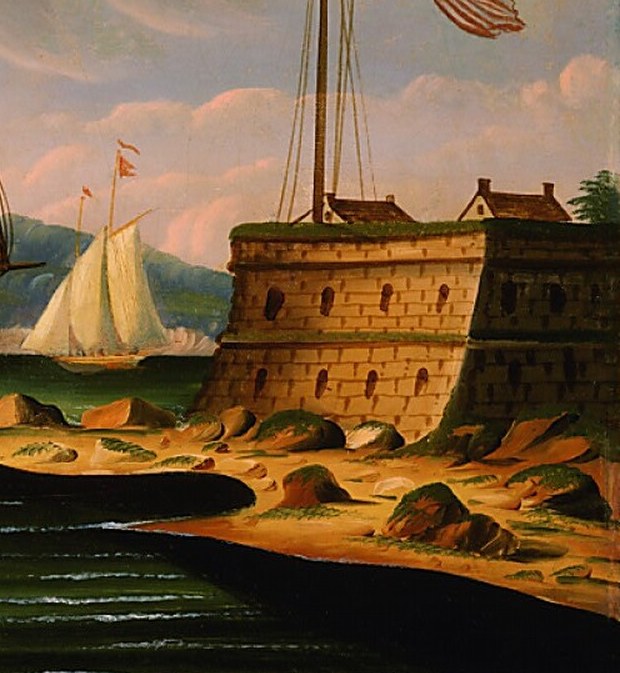 Likely Castle Williams or a Battery fortification; its crenellated profile situates the harbor as New York specifically and as a defended port-of-entry