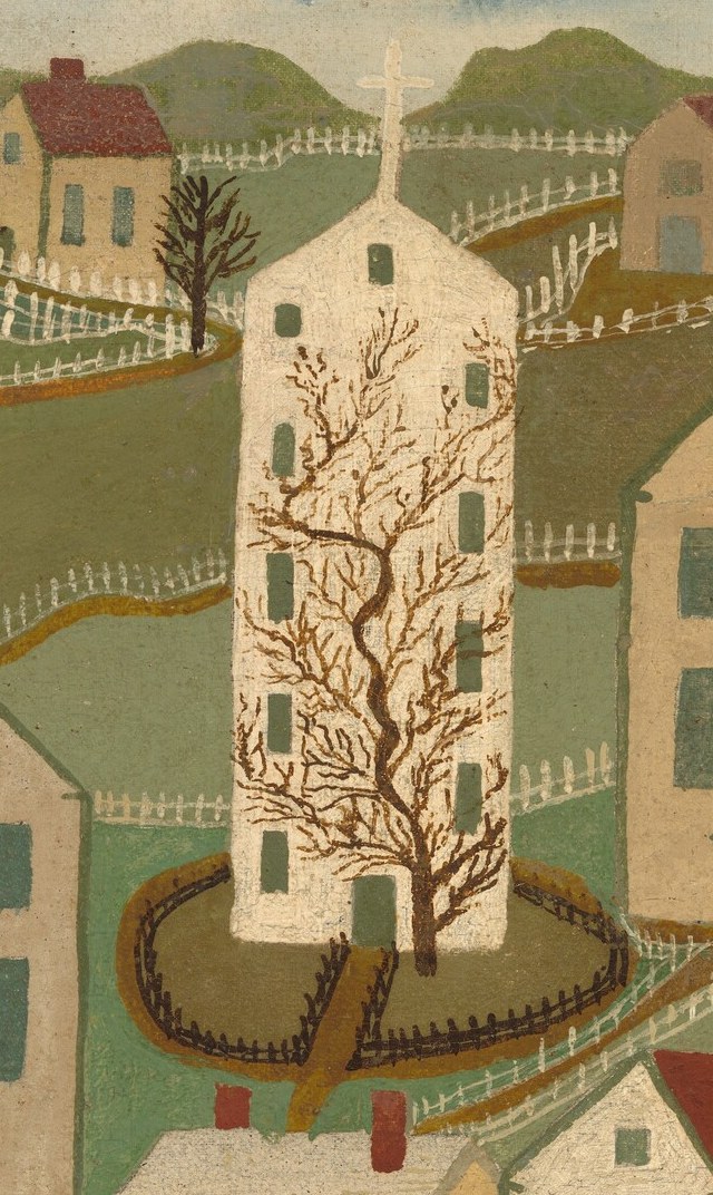 The central church tower, with its distinctive bare tree motif, serves as a focal point and symbol of community.