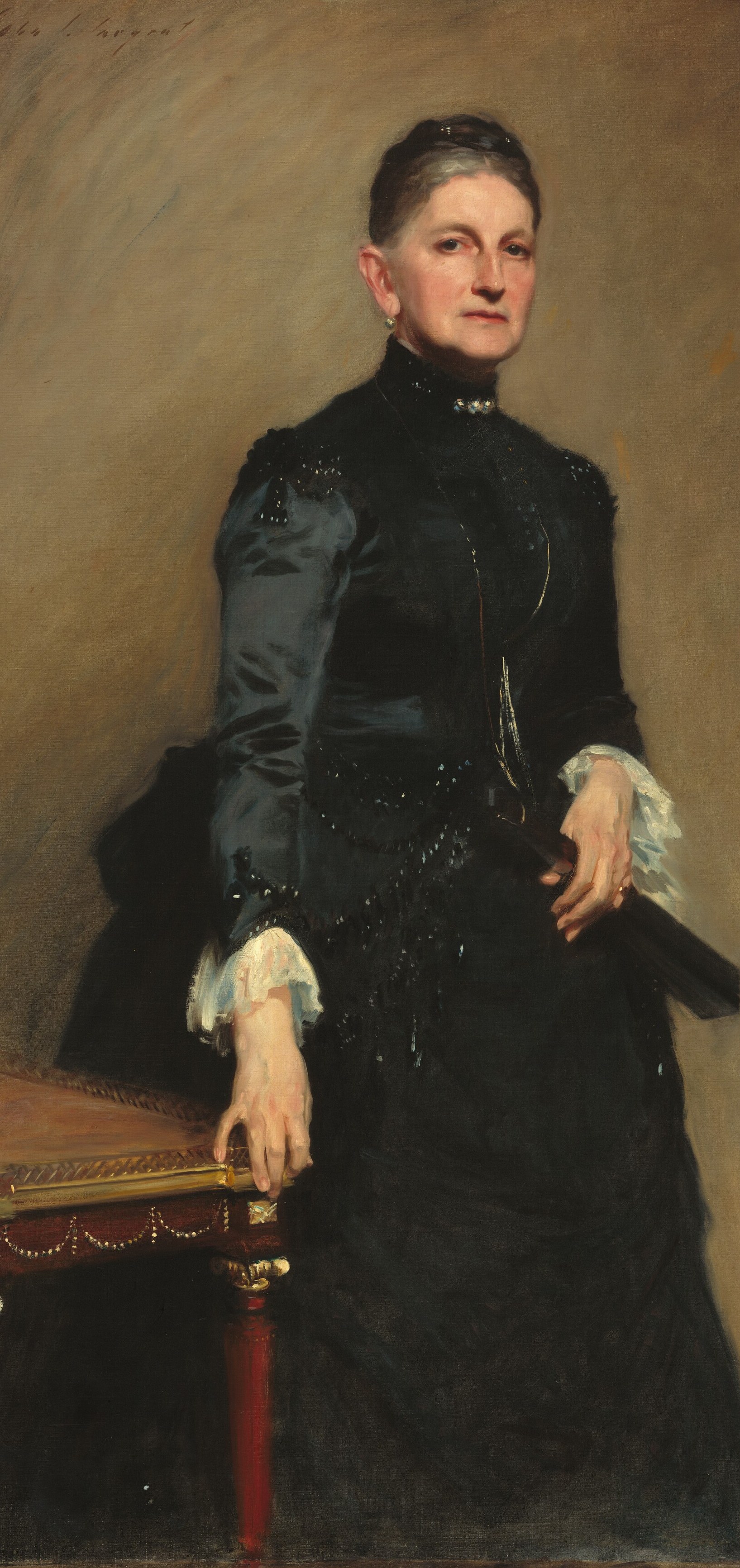 She wears no jewelry, asserting status through stark presence.