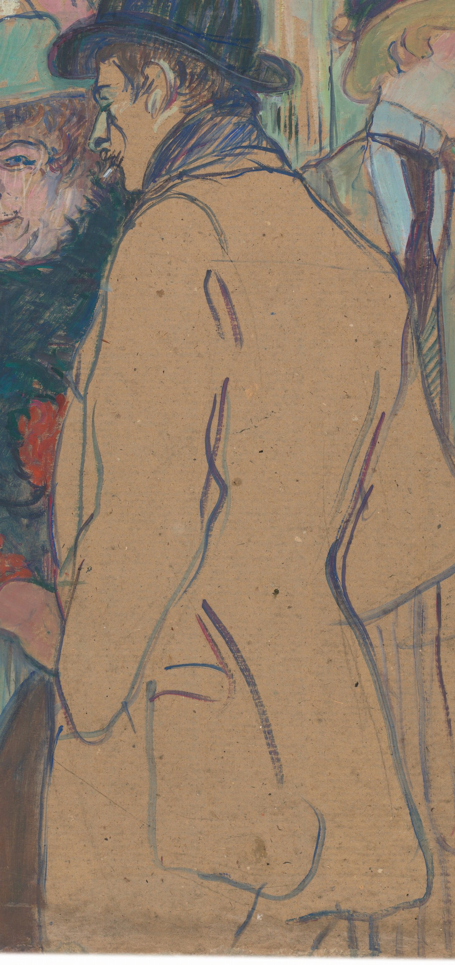 He shows a man with two women in a cafe.