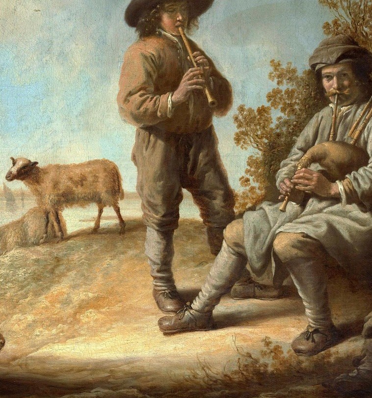 The listening foil to the piper; his relaxed, earthbound posture counterpoints the upright standing figure and embodies the pastoral ideal of otium , leisure earned by labour.