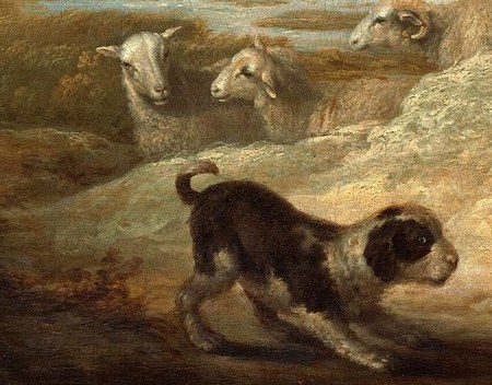 And near the piper's feet, a second small animal, a lamb or a dog, rests quietly.