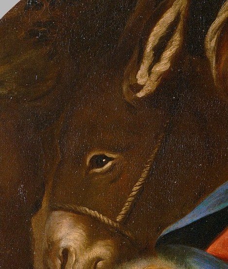 The donkey's presence, often associated with humility and labor, adds a layer of earthly context to the divine scene.