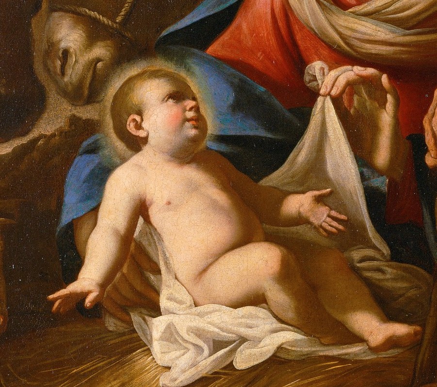 The Christ Child gazes upwards, hands open.