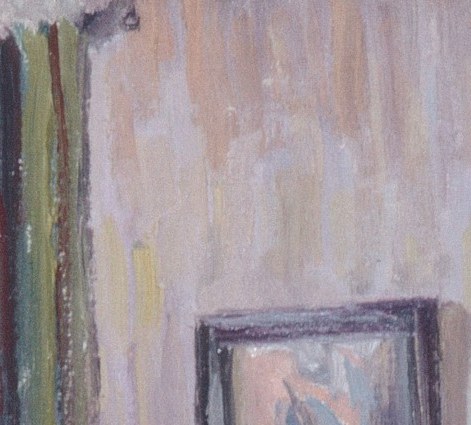 Behind her, a framed picture presides on the wall, a second silent presence in the room.