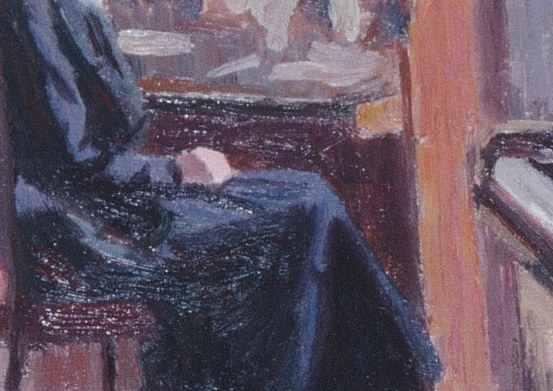 The room holds its peace. But look at her hands.