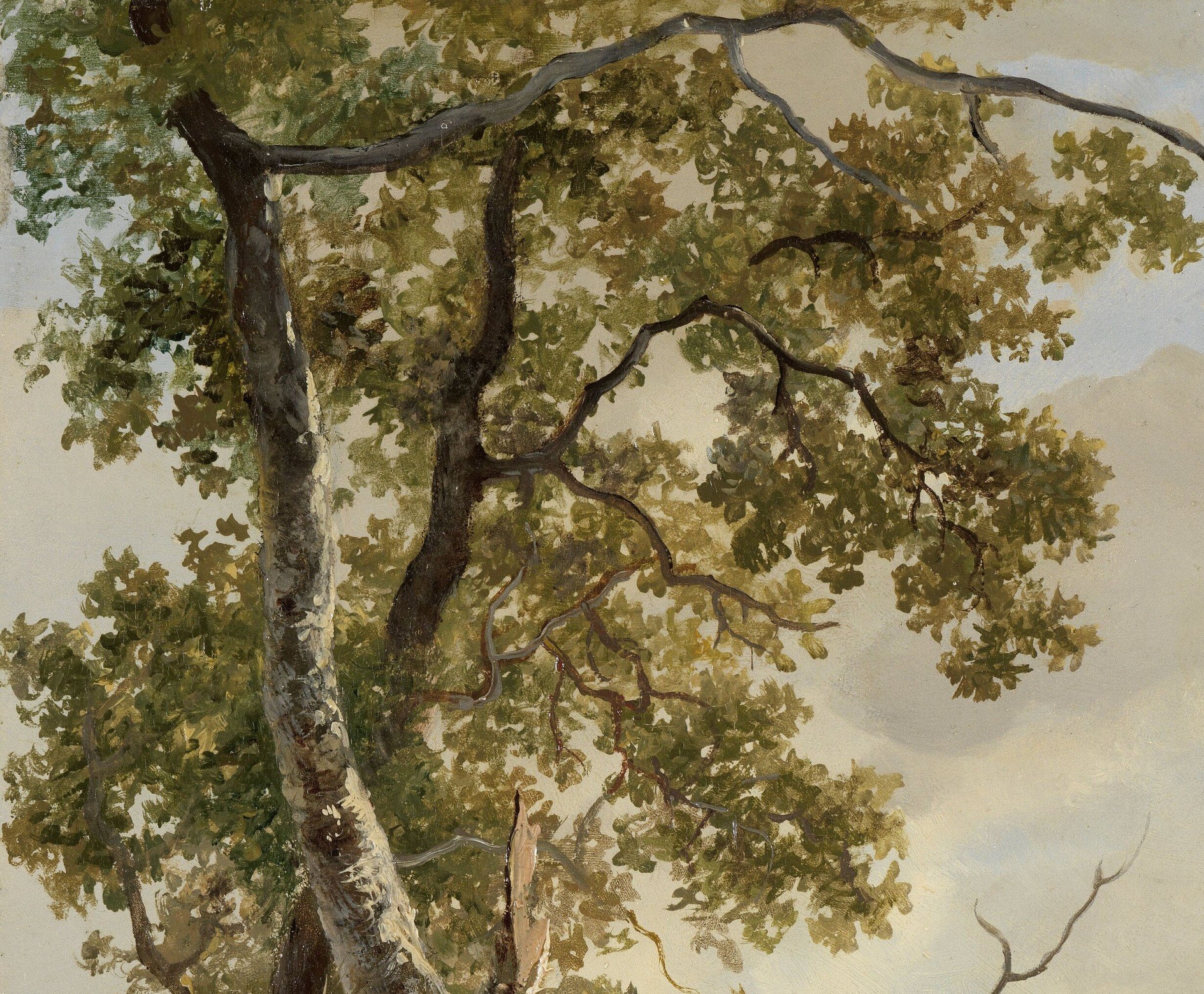 This prominent branch, with its detailed leaves and twigs, anchors the upper part of the composition and draws the eye.