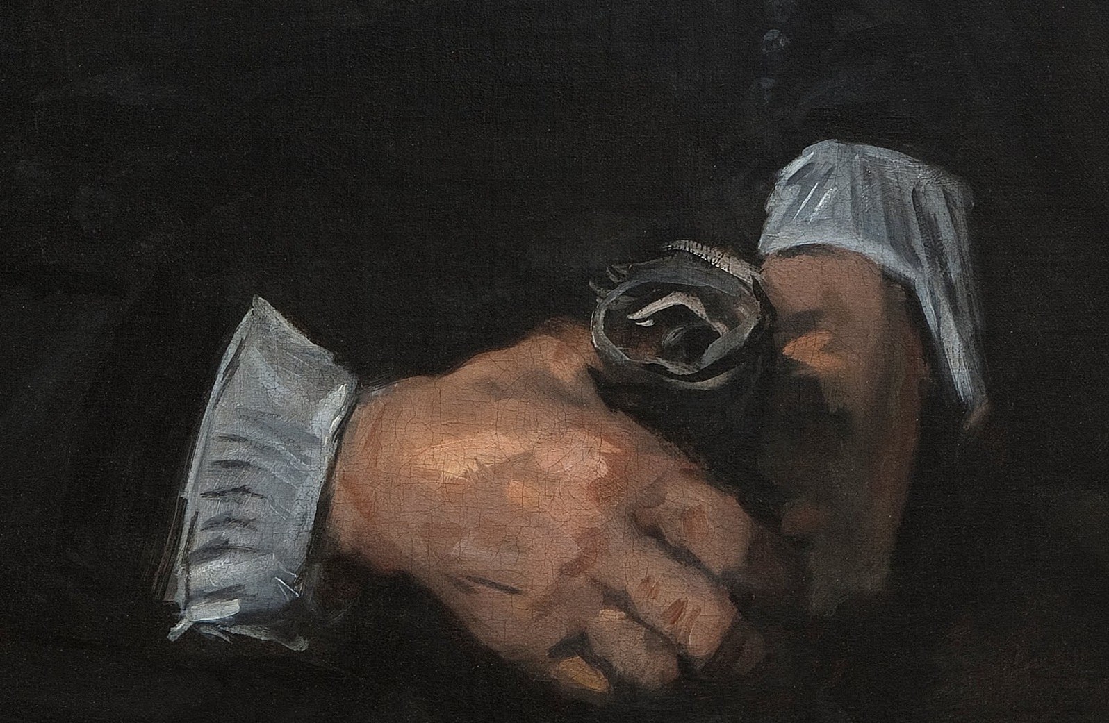 In his right hand, he holds a single dark glove.