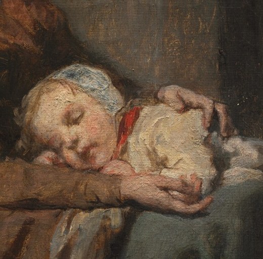 The child's peaceful slumber offers a stark contrast to the mother's despair and the harsh environment.