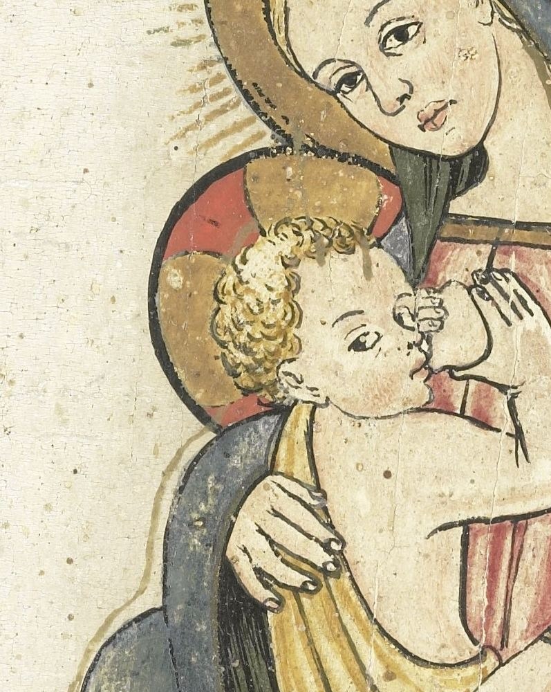 The infant's upward glance toward the viewer creates an unusual direct contact, drawing the eye into the spiritual exchange.
