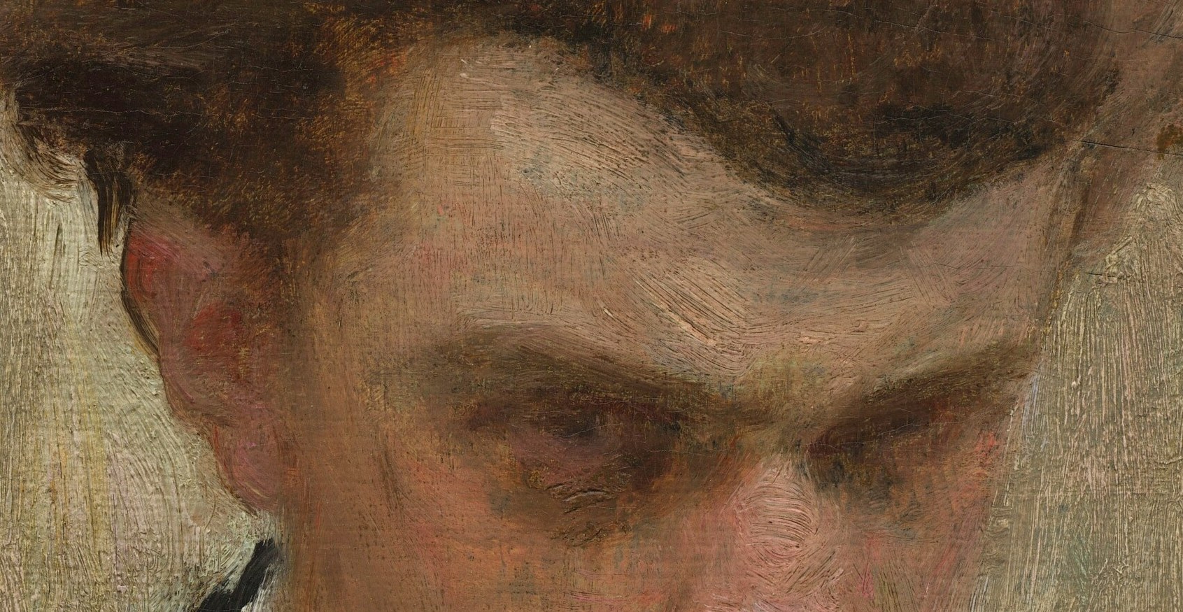 The eyes look down. He won't meet his own gaze.