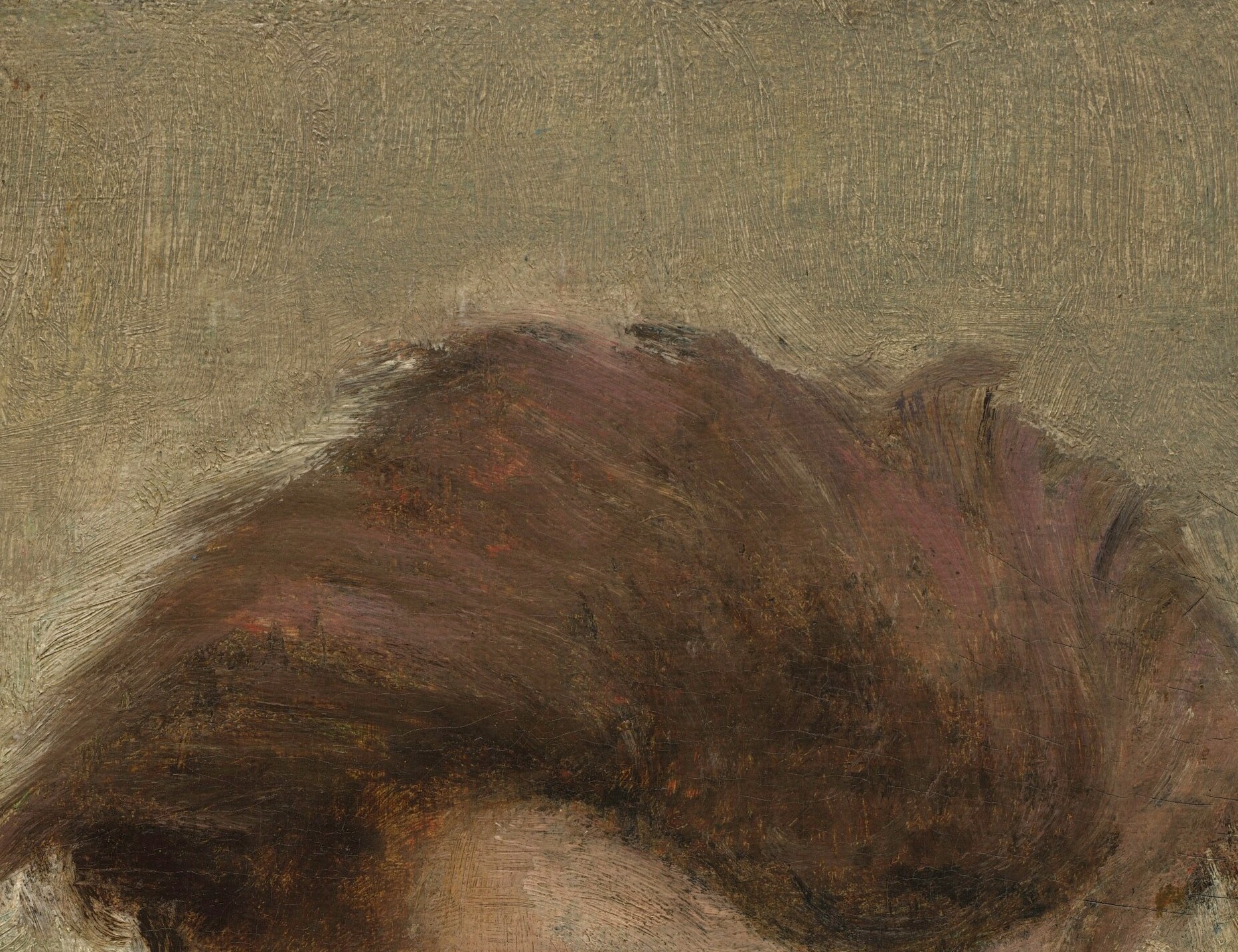 Loosely painted with visible broom-like brushstrokes, the disheveled hair signals an artist at work , informal, unposed, unpolished