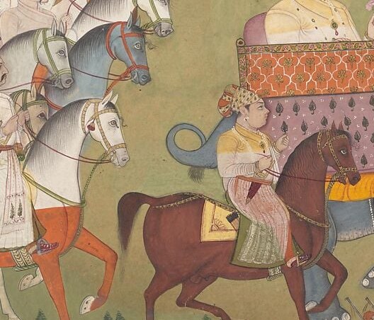 The painter built an entire royal procession from flat planes of color.