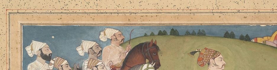The flat, empty sky is a Rajasthani miniature convention that refuses atmospheric depth and keeps all attention on the procession's social hierarchy