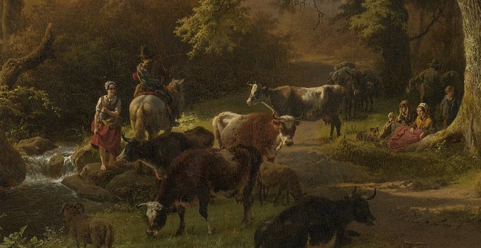 Beside the stream, people and animals share the last light.