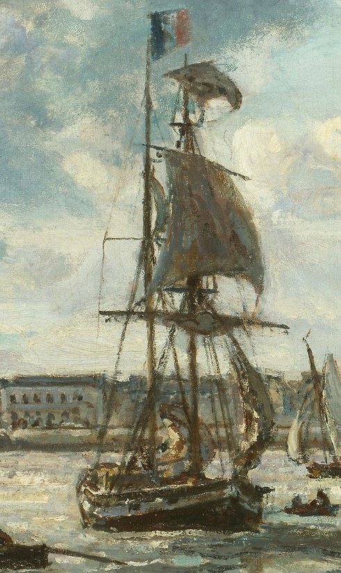 A large sailing ship, flying the French flag, prepares to leave.