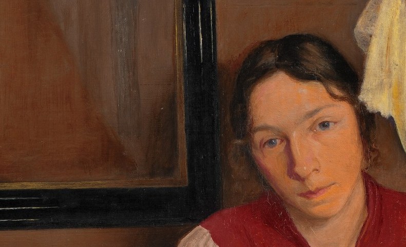 Her gaze seems lost in private thought.