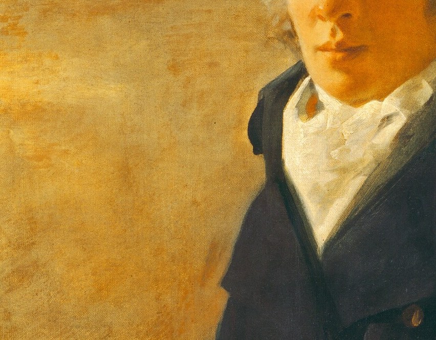 The crisp white linen against the dark coat creates a luminous focal bridge between face and body; its careful rendering contrasts with the loose background.