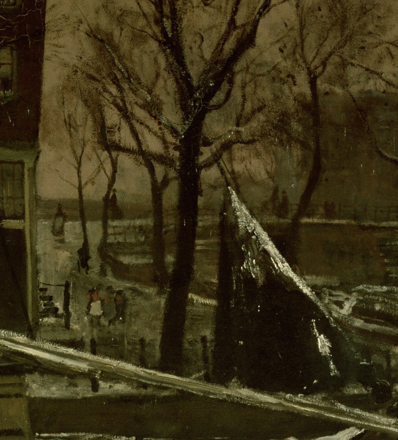 A bare tree rises through the winter gray.