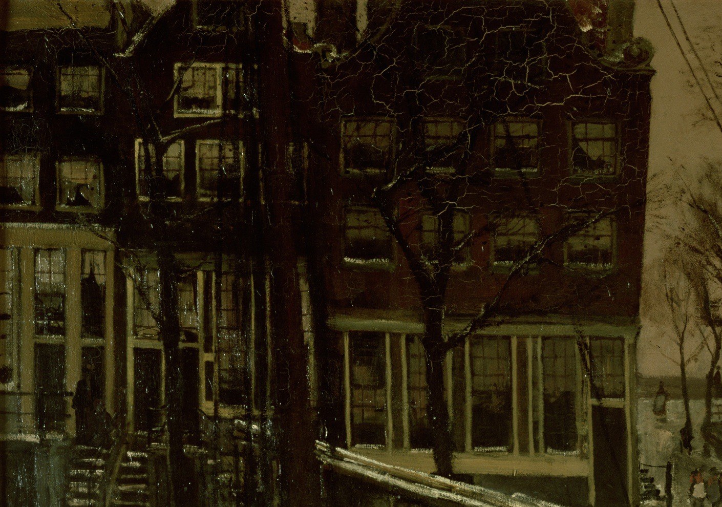 The dark, imposing buildings on the left create a strong sense of urban density and historical atmosphere.