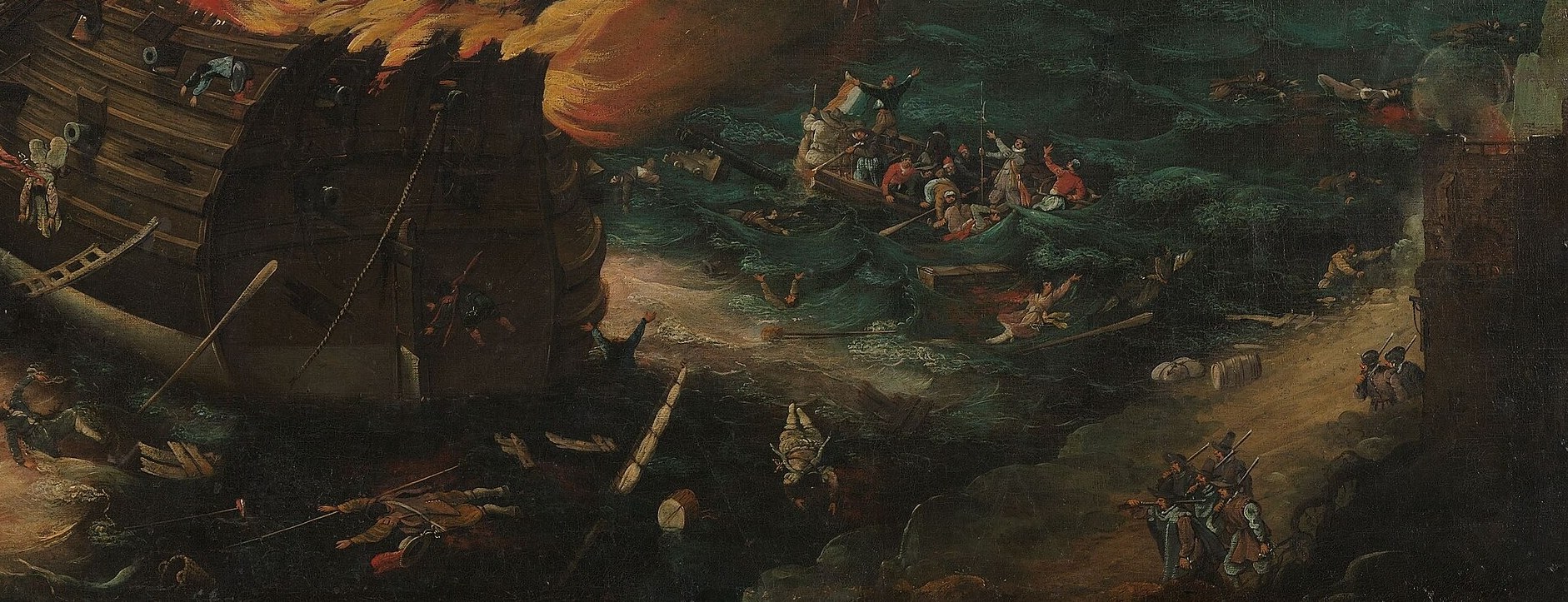 Look closely at the water near the burning wreckage.
