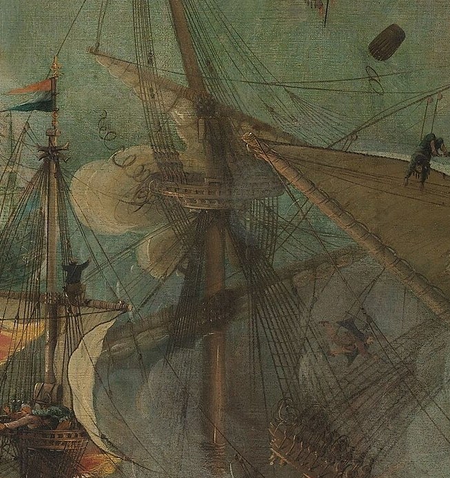 The painter shows incredible detail, from the main mast splintering...