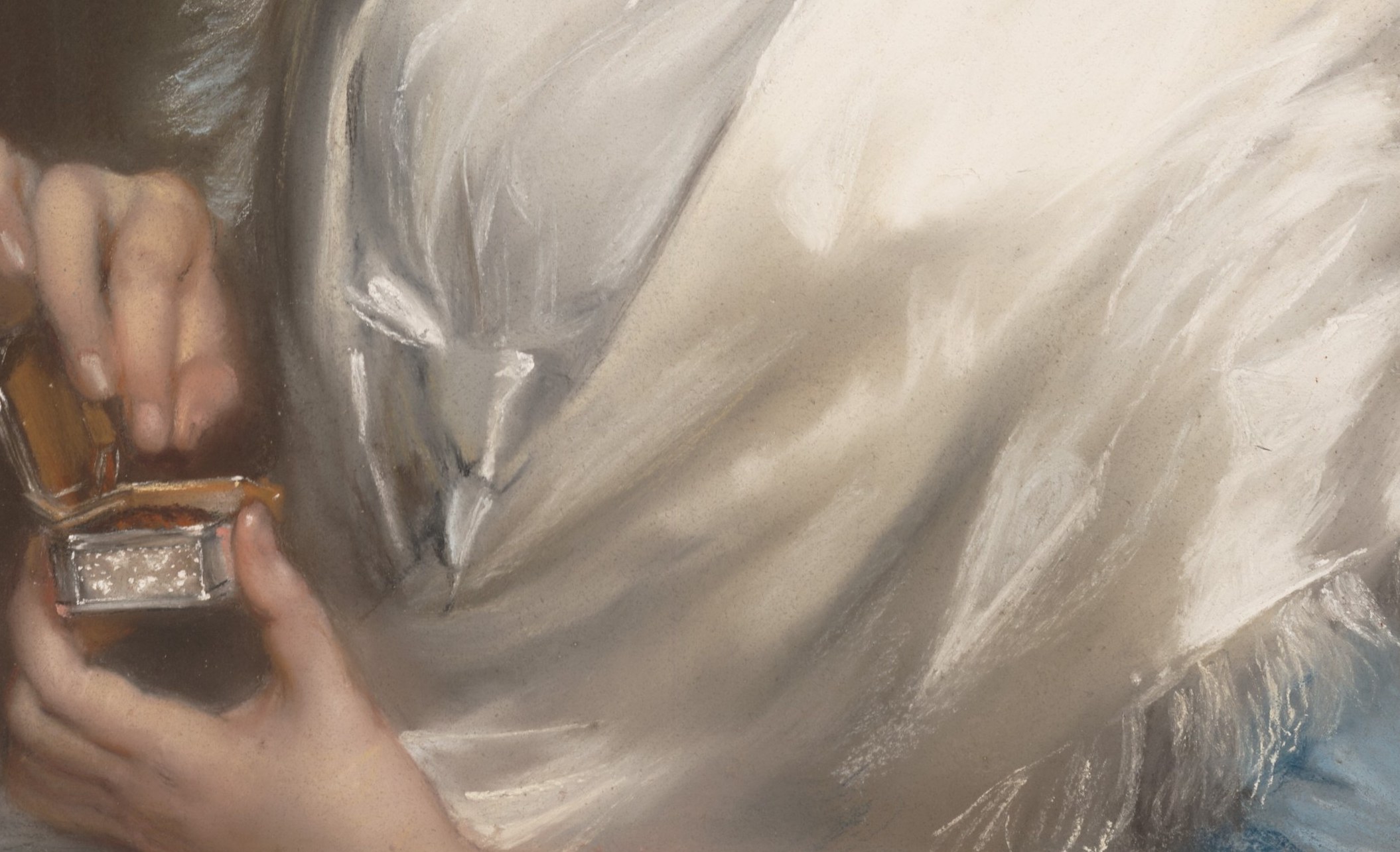 Her open hand suggests an interrupted conversation.