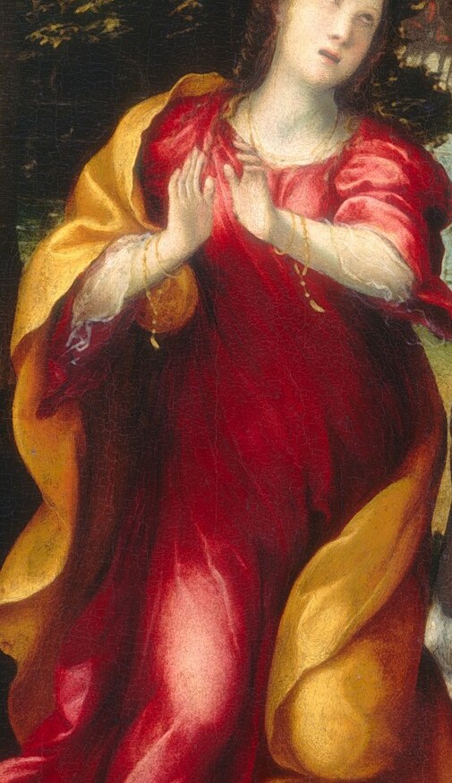 Her hands are clasped in pure devotion, not fear.