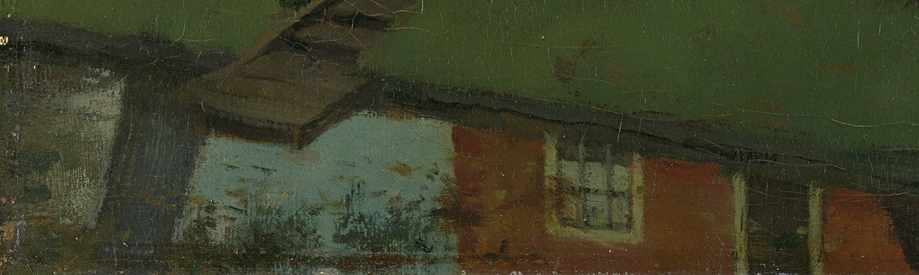 The distorted reflection of the farmhouse and sky adds a layer of depth and visual interest, hinting at unseen elements.