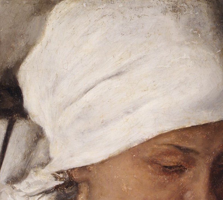 The crisp folds and subtle shading of the fabric create a strong visual anchor and highlight the subject's modesty.