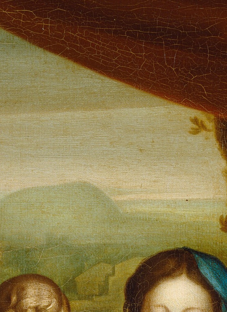 Serene, slightly averted gaze directed toward the infant conveys tender maternal devotion; the soft modeling follows the Correggesque tradition Pratt was emulating.